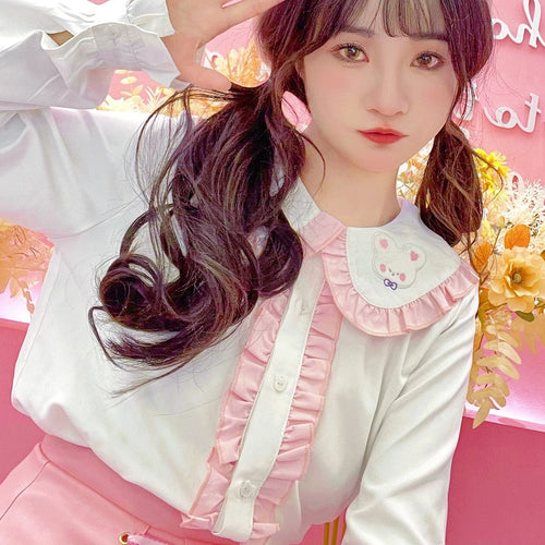 2022 New Teen Girls Rabbit Cute Blouses Spring Single Breasted Fresh Kawaii Tops Long Sleeve Fungus Edge Shirts Japanese Women