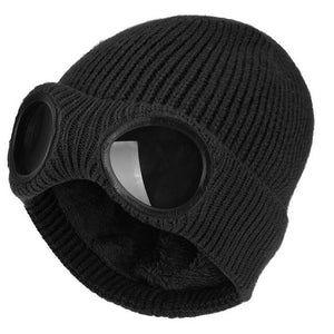 2022 New Winter Glasses Hat Knit Lens Beanie Hat Street Knitted Beanies Thick Fleece Warm Hat Unisex Adult Multi-Function Caps
