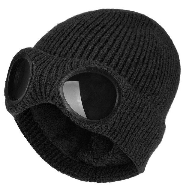 2022 New Winter Glasses Hat Knit Lens Beanie Hat Street Knitted Beanies Thick Fleece Warm Hat Unisex Adult Multi-Function Caps