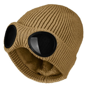 2022 New Winter Glasses Hat Knit Lens Beanie Hat Street Knitted Beanies Thick Fleece Warm Hat Unisex Adult Multi-Function Caps