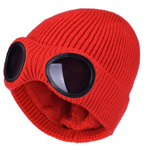 2022 New Winter Glasses Hat Knit Lens Beanie Hat Street Knitted Beanies Thick Fleece Warm Hat Unisex Adult Multi-Function Caps