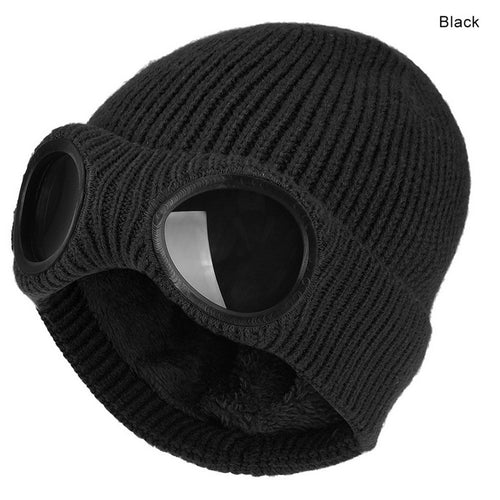 2022 New Winter Glasses Hat Knit Lens Beanie Hat Street Knitted Beanies Thick Fleece Warm Hat Unisex Adult Multi-Function Caps