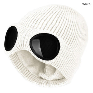 2022 New Winter Glasses Hat Knit Lens Beanie Hat Street Knitted Beanies Thick Fleece Warm Hat Unisex Adult Multi-Function Caps