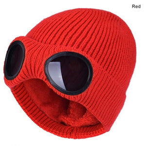 2022 New Winter Glasses Hat Knit Lens Beanie Hat Street Knitted Beanies Thick Fleece Warm Hat Unisex Adult Multi-Function Caps