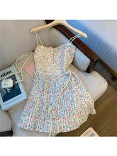 Load image into Gallery viewer, 2022 New Women Aesthetic Spaghetti Strap Pleated Dress Flower Print Summer Sexy Korean Fashion Slash Neck Mini Design Ins Street