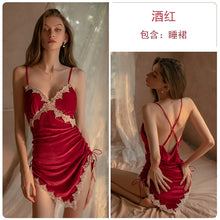 Load image into Gallery viewer, 2022 New Women Lace Cross Nightgown Satin Slip Female Seductive Sleepwear Sexy Split Home Drawstring Blouse Charming Nightdress