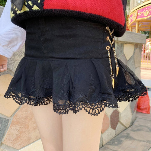 2022 Preppy Style Sweet Lace Skirts Cute Women Bandage Chain Japanese Mini Skirt Kawaii Spring Harajuku Jupe Faldas Mujer