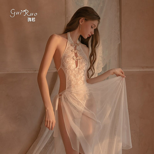 2022 Sexy Lace Perspective Erotic Lingerie Bodysuit + Skirt Women's Clothing Mesh Temptation Sex Clothes with Veil Skirt Suit