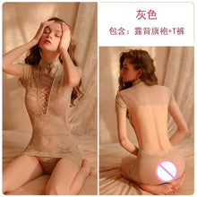 Load image into Gallery viewer, 2022 Sexy Lace See-through Backless Cheongsam Uniform With Thong Women Erotic Lingerie Gothic Mini Qipao Home Wear Nightdress