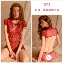 Load image into Gallery viewer, 2022 Sexy Lace See-through Backless Cheongsam Uniform With Thong Women Erotic Lingerie Gothic Mini Qipao Home Wear Nightdress