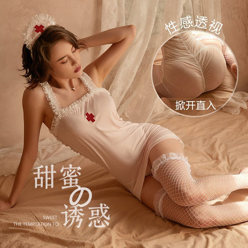 2022 Sexy Nurse Sister Uniform Hot Erotic Maid Costume Temptation Role Play Adult Games 3Pcs Lovely See-through Lace Nightdress