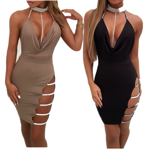 2022 Sexy Suspender Jumpsuit Hip Wrap Skirt Side Slit Hot Drill Low Chest Hanging Neck Tight Nightclub Skirt