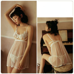 2022 Sexy Suspender Nightdress V-neck Mesh Perspective Water Soluble Temptation Underwire Hollow Night Dress Women Homewear Tops