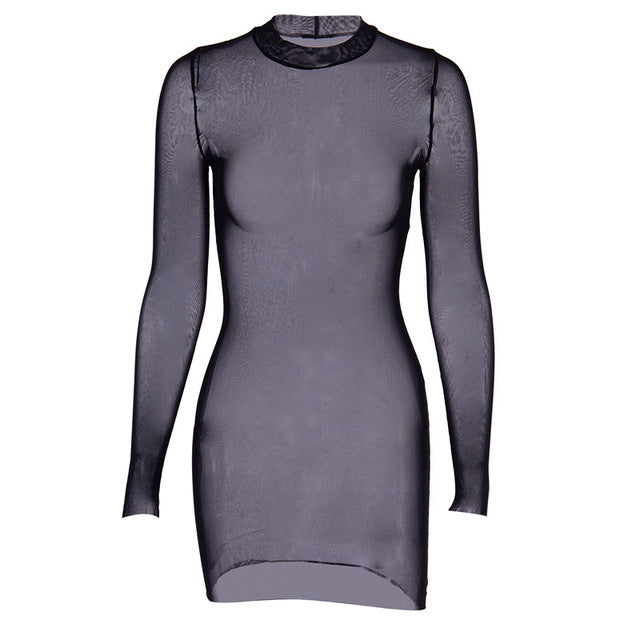2022 Sexy Women Dress Mesh See-through Long Sleeves Dress Slim Tight Backless Dress Party Clubwear Female Mini Dresses Black