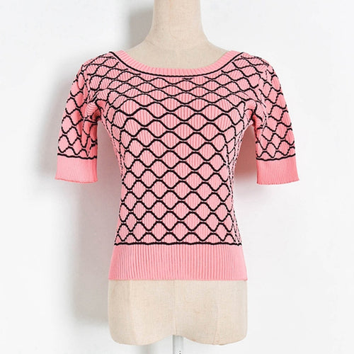 2022 Simple All Match Stretchy Slim Knitted Pullover Fashion Plaid Tops Summer Vintage Short Sleeve U Collar T-shirts Women