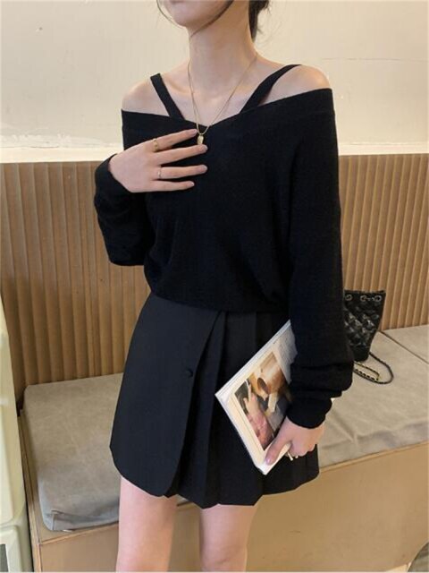 2022 Spring And Autumn New Cut-Out Neck Open-Shoulder V-Neck Long-Sleeve Knitwear City Casual Women's Bottom Sweater