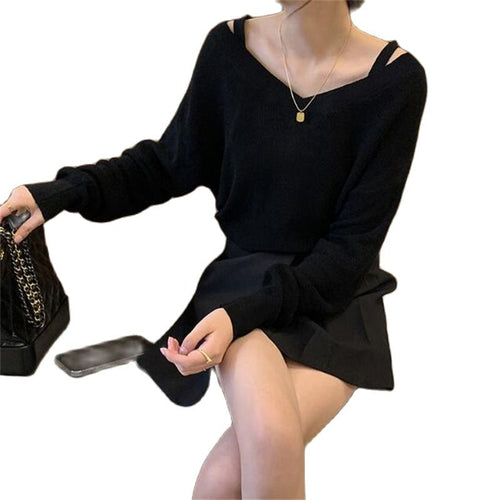 2022 Spring And Autumn New Cut-Out Neck Open-Shoulder V-Neck Long-Sleeve Knitwear City Casual Women's Bottom Sweater