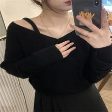 Load image into Gallery viewer, 2022 Spring And Autumn New Cut-Out Neck Open-Shoulder V-Neck Long-Sleeve Knitwear City Casual Women&#39;s Bottom Sweater