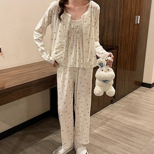 2022 Spring Autumn 3PCS Long Sleeve Cotton Pajama Sets For Women Korean Cute Sleepwear Suit Pyjama Homewear Pijama Mujer Clothes
