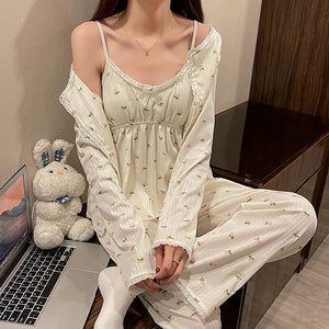 2022 Spring Autumn 3PCS Long Sleeve Cotton Pajama Sets For Women Korean Cute Sleepwear Suit Pyjama Homewear Pijama Mujer Clothes