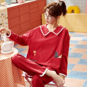 2022 Spring Autumn Long Sleeve Cotton Pajama Sets for Women Chinese Red Sleepwear Suit Pyjama Homewear Pijama Mujer Home Clothes