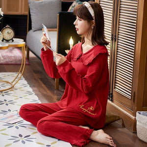2022 Spring Autumn Long Sleeve Cotton Pajama Sets for Women Chinese Red Sleepwear Suit Pyjama Homewear Pijama Mujer Home Clothes