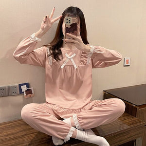 2022 Spring Autumn Long Sleeve Cotton Pajama Sets for Women Korean Cute Lace Sleepwear Suit Pyjama Homewear Pijama Mujer Clothes