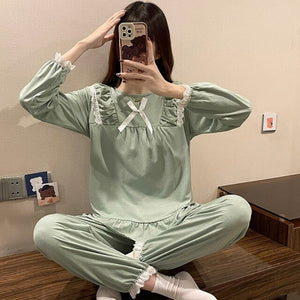 2022 Spring Autumn Long Sleeve Cotton Pajama Sets for Women Korean Cute Lace Sleepwear Suit Pyjama Homewear Pijama Mujer Clothes