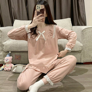 2022 Spring Autumn Long Sleeve Cotton Pajama Sets for Women Korean Cute Lace Sleepwear Suit Pyjama Homewear Pijama Mujer Clothes