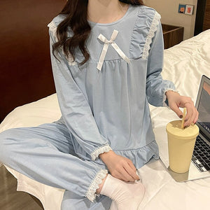 2022 Spring Autumn Long Sleeve Cotton Pajama Sets for Women Korean Cute Lace Sleepwear Suit Pyjama Homewear Pijama Mujer Clothes