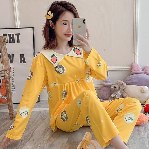 2022 Spring Autumn Long Sleeve Cotton Pajama Sets for Women Korean Cute Sleepwear Suit Pyjama Homewear Pijama Mujer Home Clothes