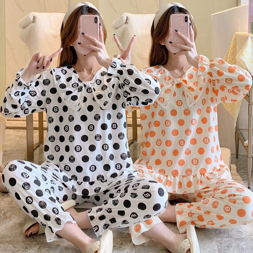 2022 Spring Autumn Long Sleeve Polka Dot Print Pajama Set for Women Sleepwear Cute Bow Suit Pyjama Homewear Pijama Mujer Clothes
