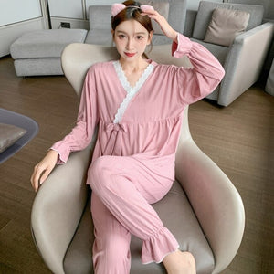 2022 Spring Autumn Long Sleeve Sexy Lace V-neck Kimono Pajama Sets for Women Sleepwear Suit Pyjama Homewear Pijama Mujer Clothes