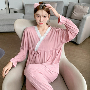 2022 Spring Autumn Long Sleeve Sexy Lace V-neck Kimono Pajama Sets for Women Sleepwear Suit Pyjama Homewear Pijama Mujer Clothes