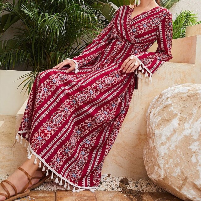 2022 Spring Autumn New Fashion Women Dresses Printing Bohemian Tassel V-Neck A-LINE Ankle-Length Beach Holiday Style Red Dress