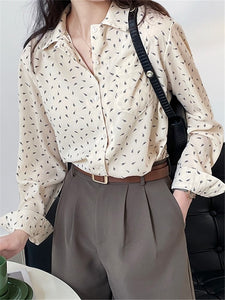 2022 Spring Button Up Shirt Loose Sweet Elegant Print Leaves Chiffon Shirts for Women Long Sleeve Blouses Girls Tops Vintage
