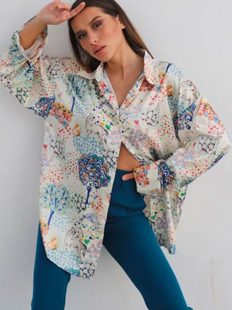 2022 Spring Fall Fashion Print Shirt Point Collar French Shirt Long Sleeve Button Cardigan Casual Women‘s Clothes Streetwear