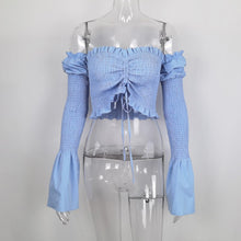 Load image into Gallery viewer, 2022 Spring New Arrival Casual Patchwork Solid Long Sleeve Lace Up Sexy Shoulder Navel Blouse Top Women Slash Neck Fairycore