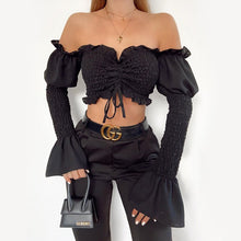 Load image into Gallery viewer, 2022 Spring New Arrival Casual Patchwork Solid Long Sleeve Lace Up Sexy Shoulder Navel Blouse Top Women Slash Neck Fairycore