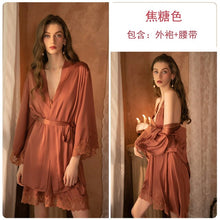 Load image into Gallery viewer, 2022 Spring New Women 8 Colors Thin Satin Robe Sexy Satin Lace Nightgown Simple Style V-neck Home Service Bathrobe Pajamas Set
