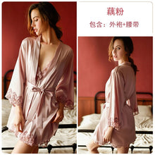 Load image into Gallery viewer, 2022 Spring New Women 8 Colors Thin Satin Robe Sexy Satin Lace Nightgown Simple Style V-neck Home Service Bathrobe Pajamas Set