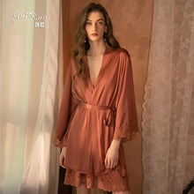 Load image into Gallery viewer, 2022 Spring New Women 8 Colors Thin Satin Robe Sexy Satin Lace Nightgown Simple Style V-neck Home Service Bathrobe Pajamas Set