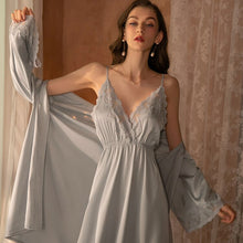 Load image into Gallery viewer, 2022 Spring New Women 8 Colors Thin Satin Robe Sexy Satin Lace Nightgown Simple Style V-neck Home Service Bathrobe Pajamas Set
