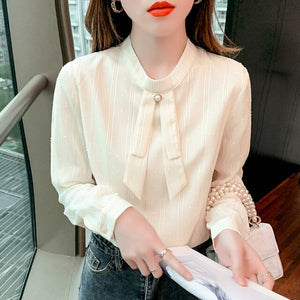 2022 Spring New Women Chiffon Blouse Shirt Elegant Slim Long Sleeved Stand Collar Shirt Office Lady Tops