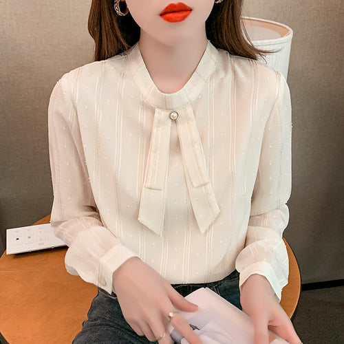 2022 Spring New Women Chiffon Blouse Shirt Elegant Slim Long Sleeved Stand Collar Shirt Office Lady Tops