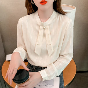 2022 Spring New Women Chiffon Blouse Shirt Elegant Slim Long Sleeved Stand Collar Shirt Office Lady Tops