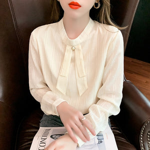 2022 Spring New Women Chiffon Blouse Shirt Elegant Slim Long Sleeved Stand Collar Shirt Office Lady Tops