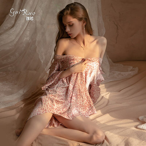 2022 Spring New Women Sexy Leopard Print Deep V Ice Silk Thin Shirt Women's Casual and Comfortable Middle Sleeve Home Nightdress