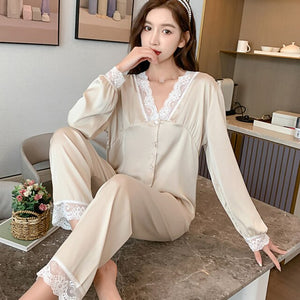 2022 Spring Summer Long Sleeve Silk Satin Lace V-neck Pajama Sets for Women Sleepwear Suit Pyjamas Homewear Pijama Mujer Clothes