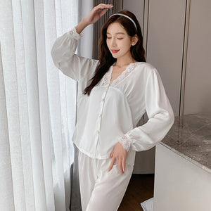 2022 Spring Summer Long Sleeve Silk Satin Lace V-neck Pajama Sets for Women Sleepwear Suit Pyjamas Homewear Pijama Mujer Clothes